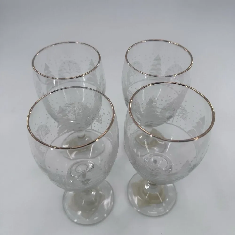 Frosty Pines Libbey Handblown Goblets 7” Winter Wonderland Gold Rim Set of 4 New
